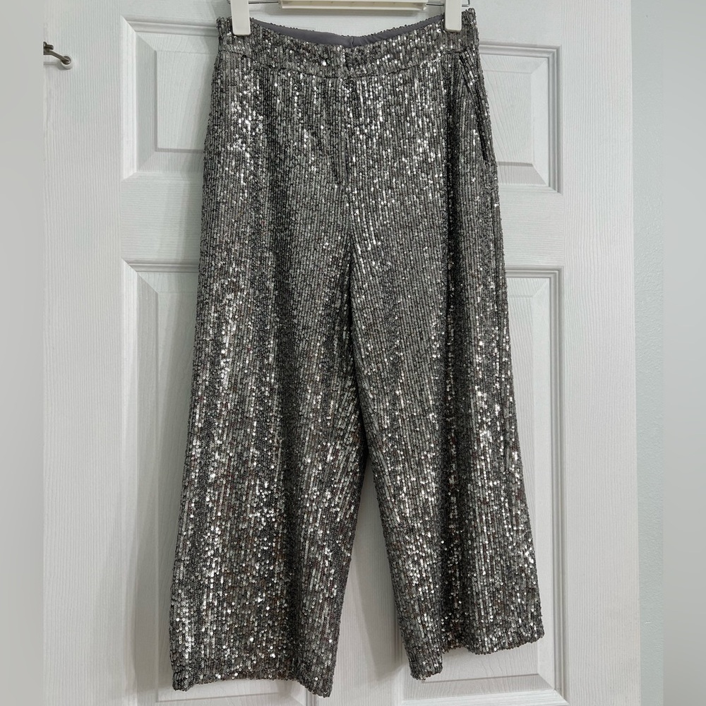 Silver Wide Leg Sequin Pants